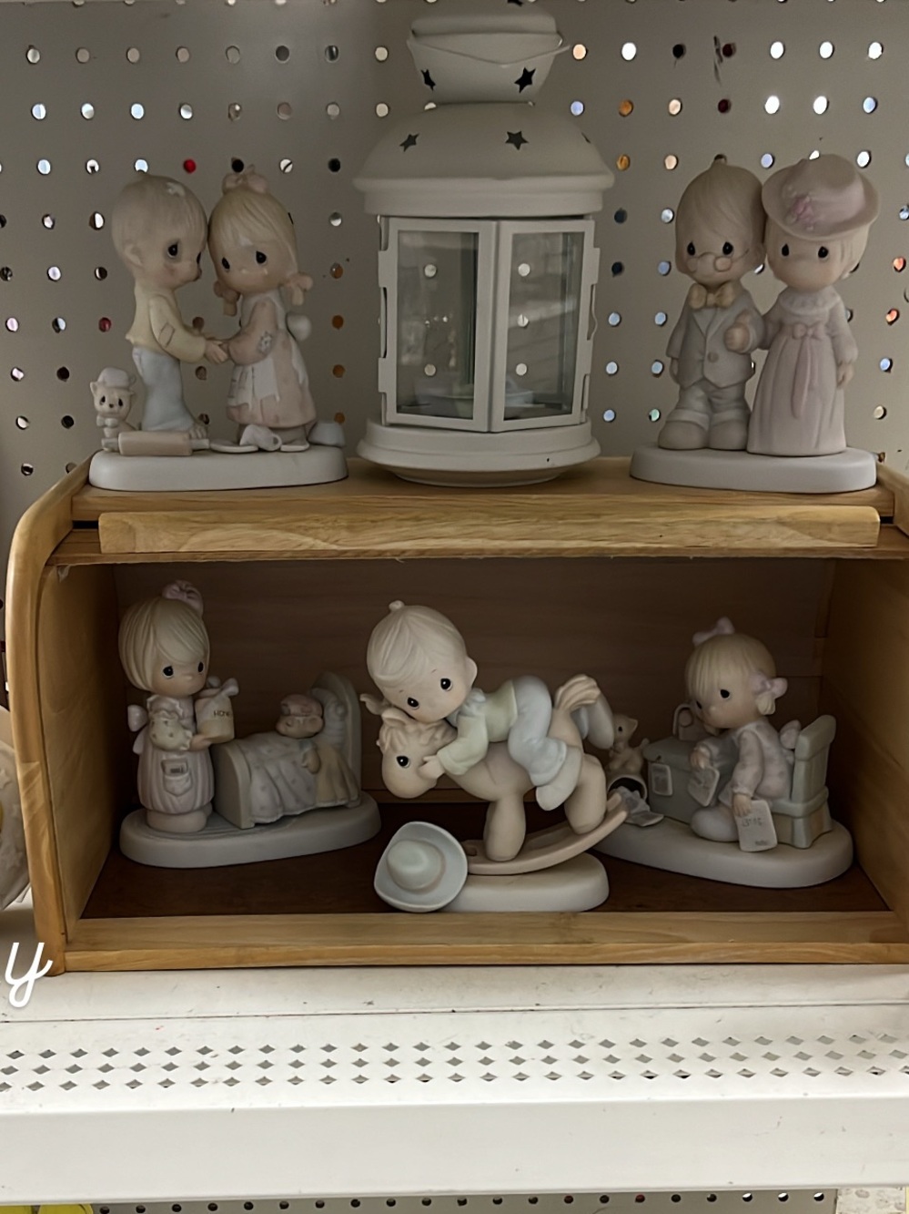 Precious Moments Cream and Pale Blue Porcelain Figurine Shelf Display
